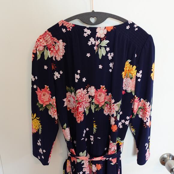 Eliza J Floral Faux Wrap Dress In Navy Wedding Guest Spring Summer Party Evening - Picture 10 of 11